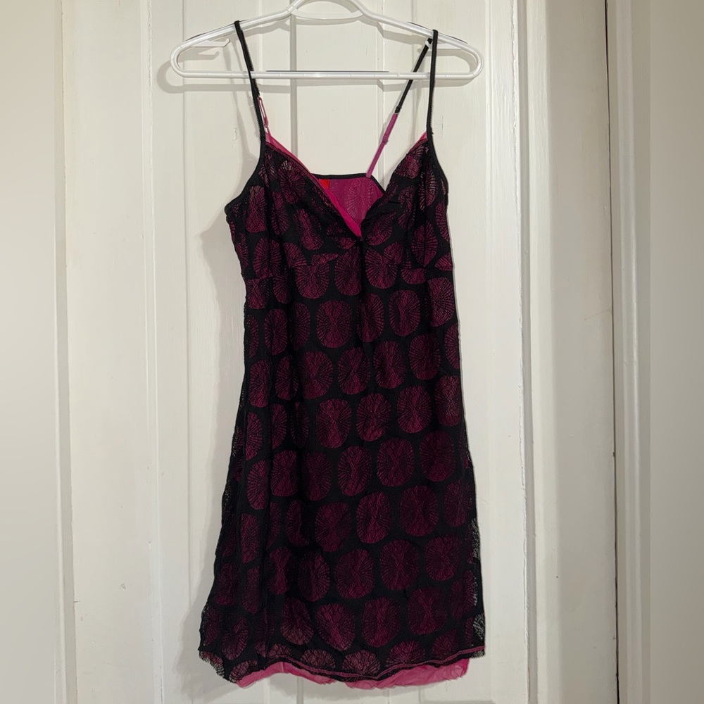 Josie size large Elegant Black‎ and Pink Lace Chemise nightgown slip dress